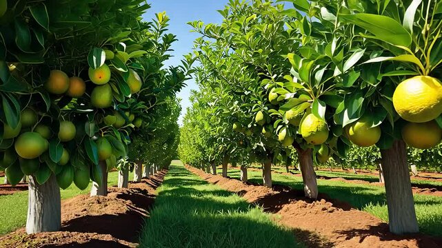 Sunny Citrus Orchard with Rows of Green Trees Laden with Ripe Yellow and Orange Fruits in a Rural Farming Scene

