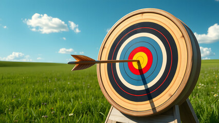 Arrow Hitting Bullseye on Archery Target in Green Field