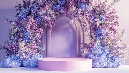 Floral Archway Podium: Pastel pink podium nestled within a romantic arch of purple and blue hydrangeas, perfect for product display or elegant event promotion.  