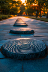 Serene pathway with circular stone markers at sunset, creating a tranquil and meditative atmosphere.  Perfect for mindfulness, peace, and nature concepts.