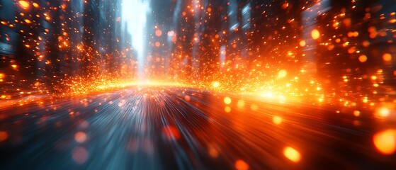 Glowing particles trail on dark road.