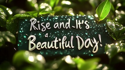 Inspirational quote "Rise and it's a beautiful day" on a dark green sign surrounded by lush green leaves with water droplets.