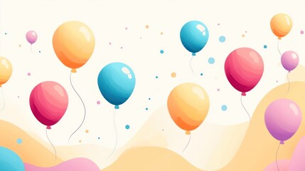 Colorful balloons floating over pastel hills.