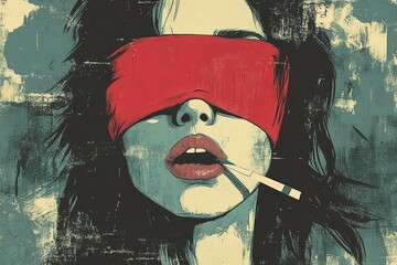 illustration of a women has a red blindfold over her eyes, close your eyes and keep your mouth shut , silenced