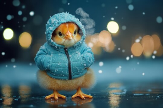 Social promotion - &ETH;&deg;nimal care. Problem of cold animals. Sad cute baby animal chicken in winter warm clothes, cold breath from nose and mouth in chilly air. Winter nature expedition.