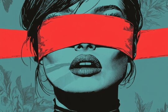 illustration of a women has a red blindfold over her eyes, close your eyes and keep your mouth shut , silenced