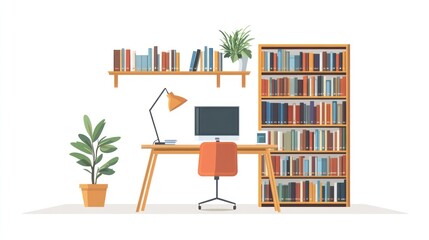 Home office workspace with desk, computer, bookshelves, and plants.