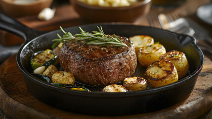 Fototapeta premium Delicious Filet Mignon on Sizzling Cast Iron Skillet with Vegetables