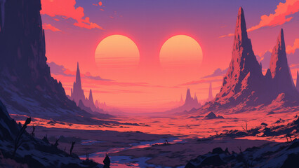 Anime sci-fi environment, a vast, desolate alien planet with strange rock formations and a double sunset, otherworldly landscape, sense of isolation.
