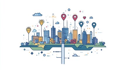 Smart city landscape with location markers.