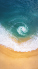 Naklejka premium Aerial view of swirling ocean wave meeting golden sandy beach, creating serene coastal scene