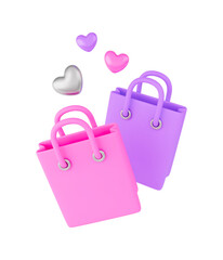 Shopping bag with heart 3d illustration. Romantic present love holiday celebration. Birthday anniversary package. Realistic symbol of Love Sale, promotion, Valentines online shopping isolated on white