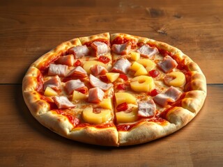 Freshly Baked Hawaiian Pizza - Ham & Pineapple - Rustic Wood Background