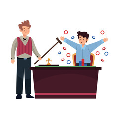 casino dealer and gambler with roulette table