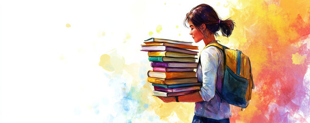 student balancing stack of colorful books in their arms, showcasing determination and focus. vibrant background adds creative touch to scene