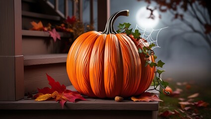 Spooky Halloween Pumpkin with Carved Face, Spider Web, and Bats - Perfect for Halloween Decorations and Celebrations