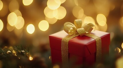 red Gift box with gold ribbon on golden Bokeh Background