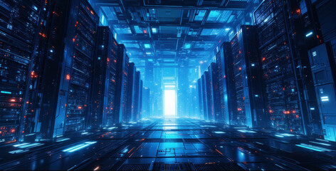 Fototapeta premium Anime sci-fi environment, a vast data center with rows of servers and glowing lights, data storage, information technology..