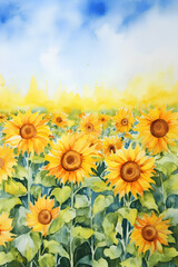 Obraz premium watercolor painting sunflowers in the field