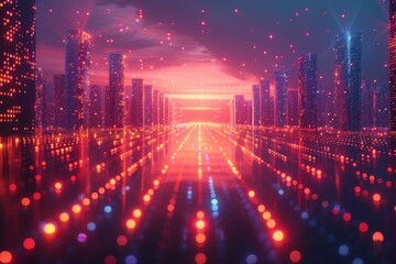 Obraz premium A vibrant digital cityscape illuminated by colorful lights, depicting a futuristic and abstract vision of urban life.
