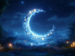 Glowing crescent moon in enchanted forest at night.