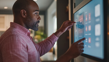 man interacting with digital holographic touchscreen interface