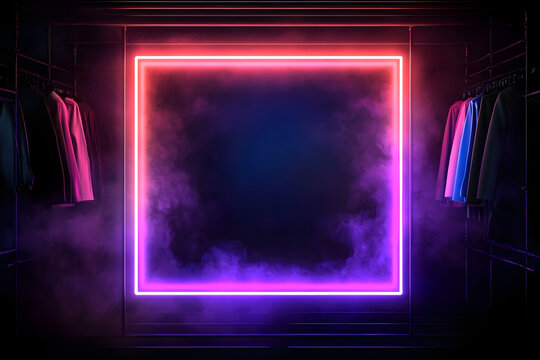 Empty neon rectangle frame with shining effect on dark background with copy space. Black Friday, Cyber Monday. Online shopping, sale and discount concept. 80s, 90s retro style. Synthwave, Retrowave