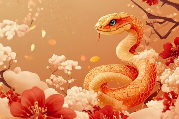 Fototapeta premium vector wallpaper background, Spring Festival theme, cartoon, cartoon snake, with red as the main color, light color, Spring Festival, Lunar New Year