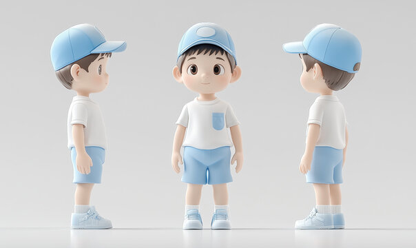 Super cute little boy, Upright view, Side view, Rear view, Hat, Blue and white clothes, Little white-blue, Standing posture, A clean background, Bubble Mart super cute IP, Blind box toy, Delicate lust