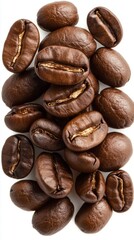 Obraz premium A handful of roasted coffee beans reveals their glossy surfaces and rich aroma, embodying the passion and craftsmanship of a perfect brew, inviting enthusiasts to indulge in a flavorful experience