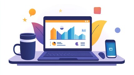 Laptop displaying data analytics charts, alongside a coffee mug, smartphone, and mouse on a desk.