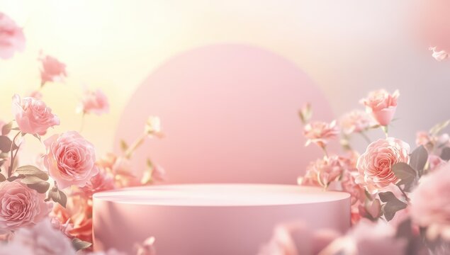 Soft Pastel Dream: A delicate pink podium surrounded by blooming roses, bathed in warm, ethereal light. Perfect for showcasing your products in a romantic and whimsical setting. 