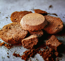 Close-up of coffee grounds from espresso machine. coffee ground on gray background