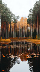 Serene autumnal forest reflecting in a still pond; vibrant fall foliage, tranquil water, mirrored trees.
