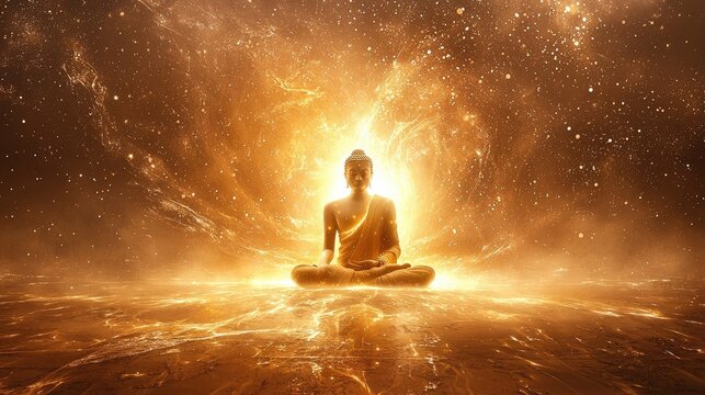 Buddha statue surrounded by vibrant cosmic light and nebulae. Spiritual enlightenment and meditative tranquility depicted in a surreal scene. Generative by AI.
