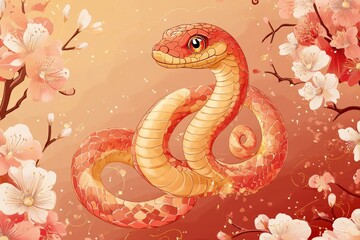 Obraz premium vector wallpaper background, Spring Festival theme, cartoon, cartoon snake, with red as the main color, light color, Spring Festival, Lunar New Year