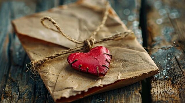 A beautifully wrapped letter made of brown paper, tied with twine and adorned with a handmade red heart. The setting features a weathered wooden surface, suggesting a warm, personal touch.