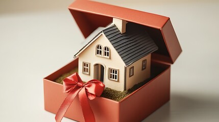 Gift box with model house home ownership concept indoor setting