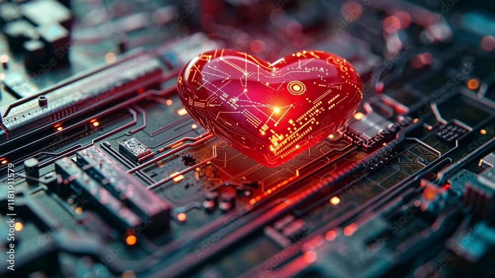 Poster a glowing heart symbol sits atop a detailed circuit board, radiating light. the intricate patterns s