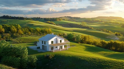 Obraz premium Modern Farmhouse with Landscape View at Sunset
