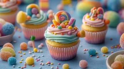 Colorful rainbow cupcakes surrounded by glowing candies and sprinkles