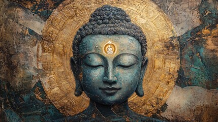 Dark Buddha sculpture with intricate textures and glowing golden halo in a mystical setting. Themes of spirituality, divinity, and ancient art. Generative by AI
