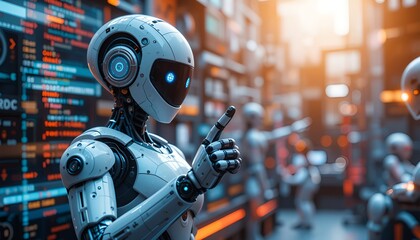 Fototapeta premium Futuristic android pointing in a digital world