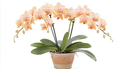 Obraz premium Stunning orchid flowers with soft hues on a white backdrop 