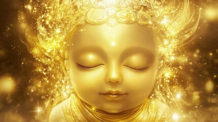 Golden Buddha statue glowing against a vibrant light-filled background. Spirituality, peace, and enlightenment themes. Generative by AI.