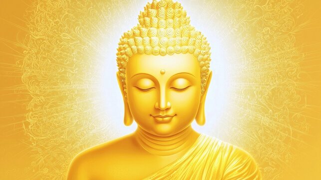 Golden Buddha statue glowing against a vibrant light-filled background. Spirituality, peace, and enlightenment themes. Generative by AI.