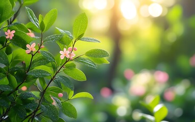 Pink flowers on green leaves with sunlight.