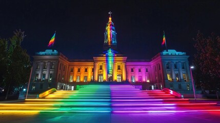 Naklejka premium City hall illuminated with rainbow colors at night, symbolizing inclusivity and diversity. Modern architecture in vibrant lighting. Generative by AI.