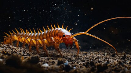 Obraz premium Centipede crawling on soil, illuminated by golden particles in a dark environment. Macro view of nature and insects. Generative by AI.