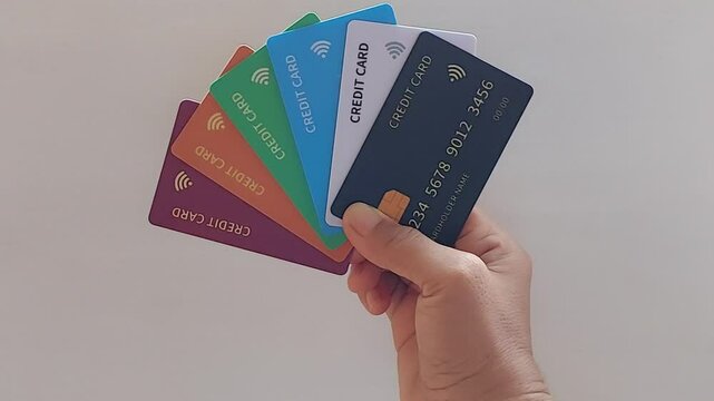 A man holds six colorful credit cards. The cards are maroon, orange, green, blue, white, and black.